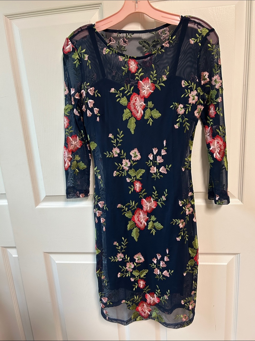 Mystic Navy Floral Embroidered Long-Sleeve Sheath Dress
